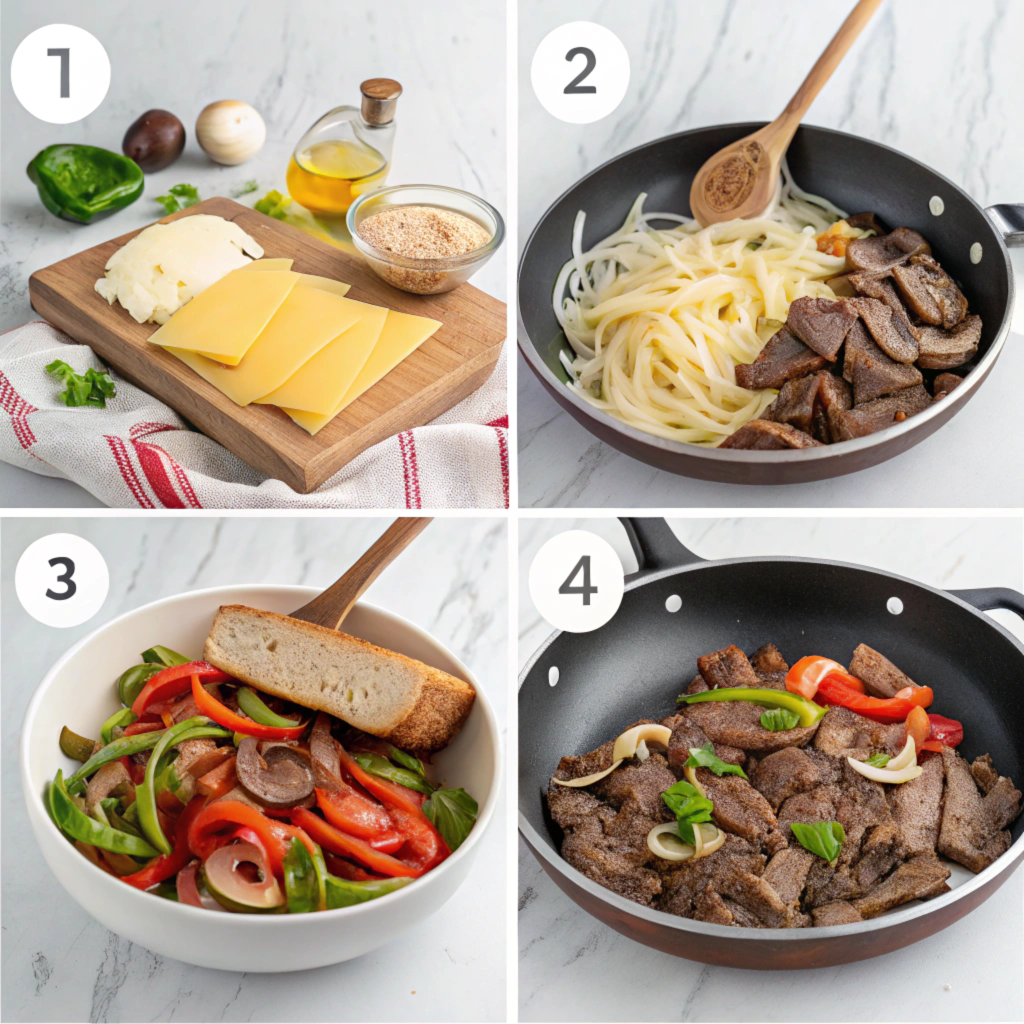 Cooking steps for a Philly cheesesteak bowl with beef and vegetables in a skillet.