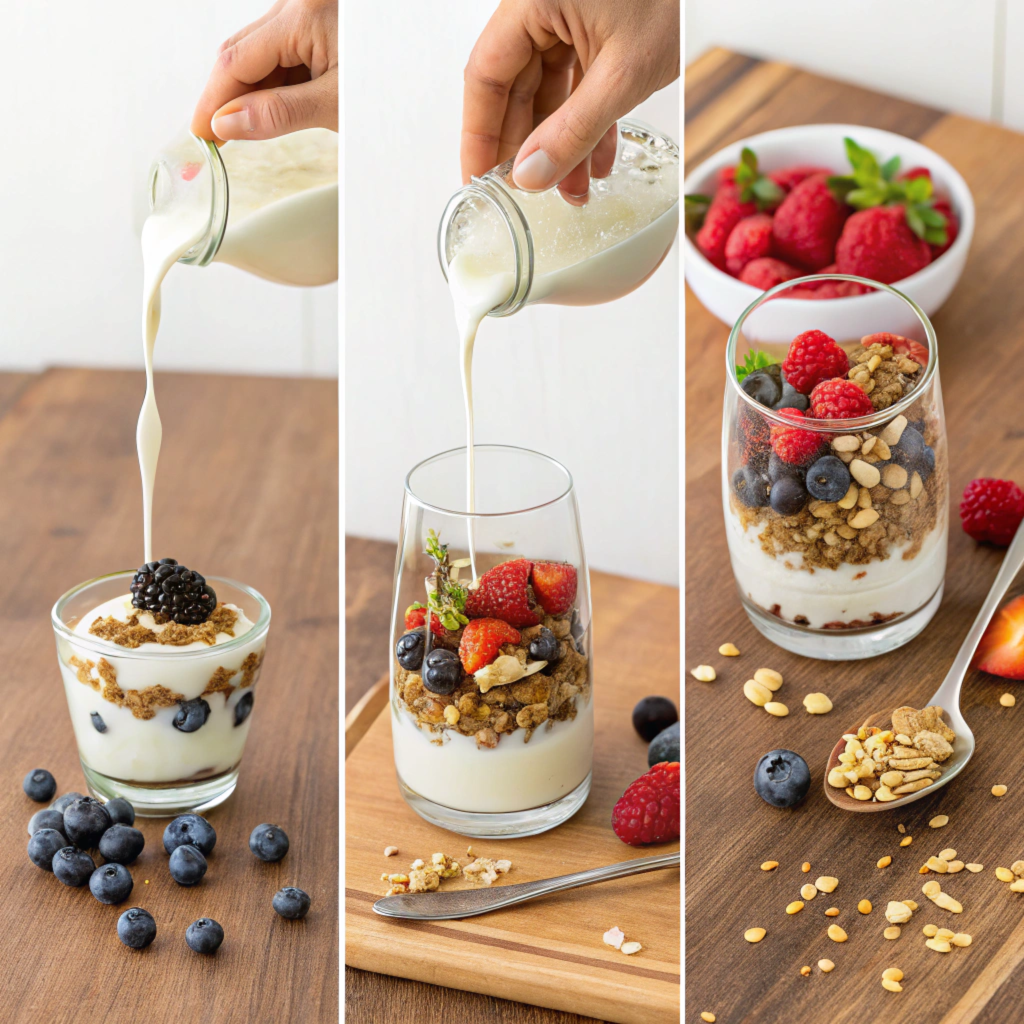 A step-by-step layout of building a healthier yogurt parfait, showing layering of yogurt, fruits, and granola.