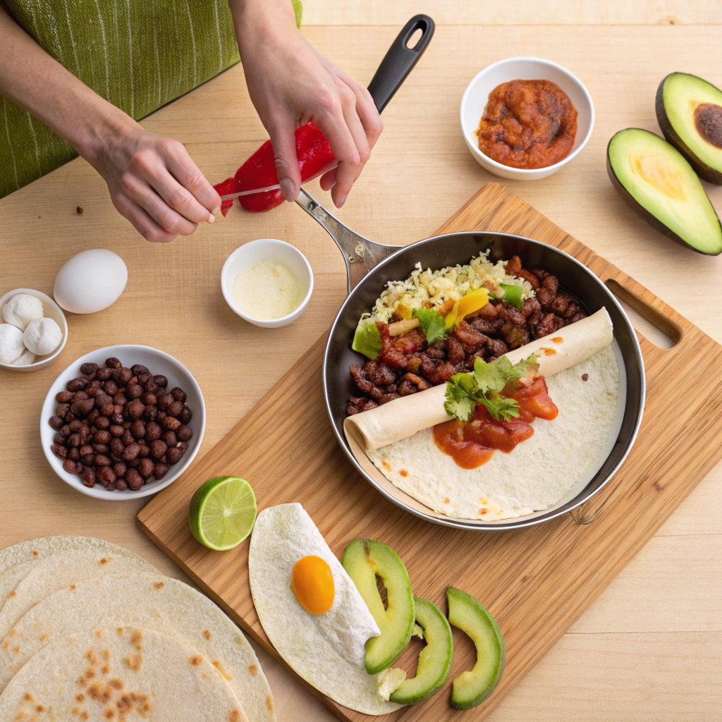  A person assembling a breakfast burrito with eggs, beans, and avocado.
