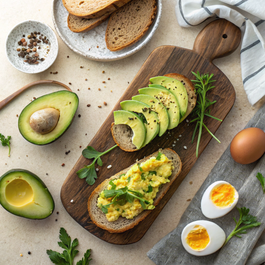 Fresh ingredients for avocado toast with poached egg: avocados, eggs, and whole-grain bread