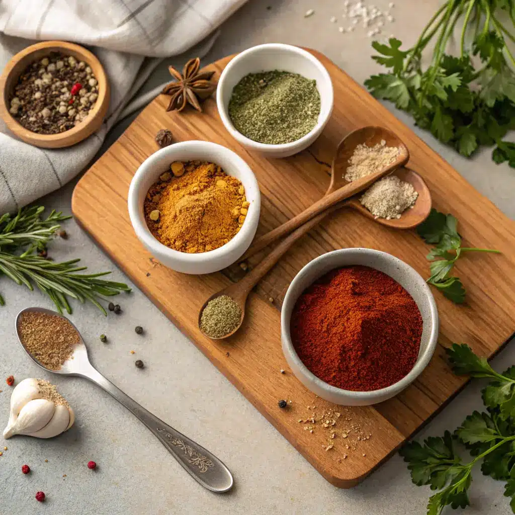 Homemade chicken taco seasoning with spices in bowls.