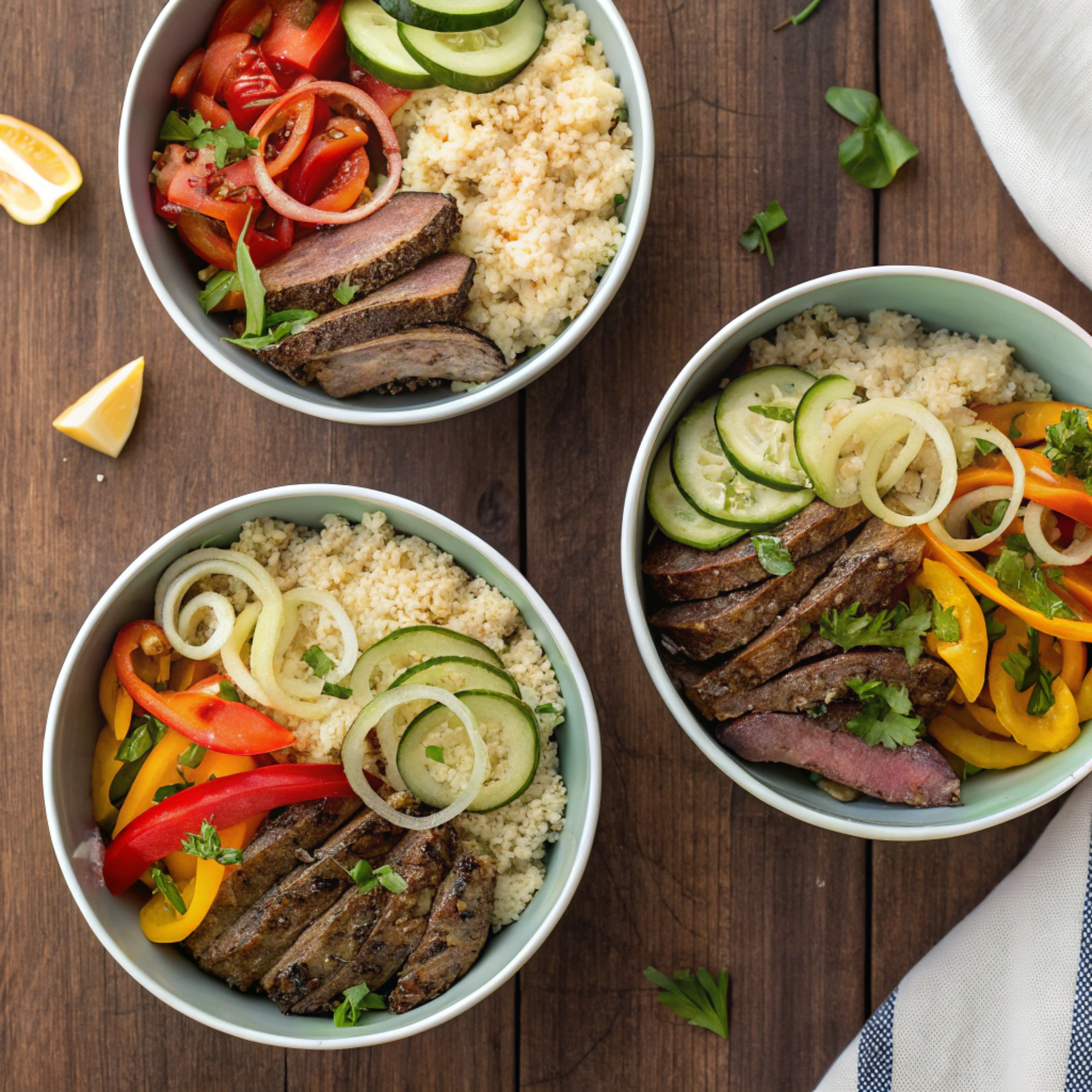 A variety of cheesesteak bowl bases, including cauliflower rice, quinoa, and zucchini noodles.