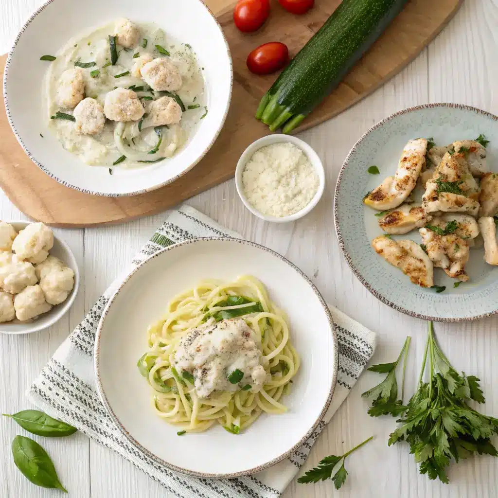 Gluten-free and low-carb variations of Garlic Parmesan Chicken Pasta.