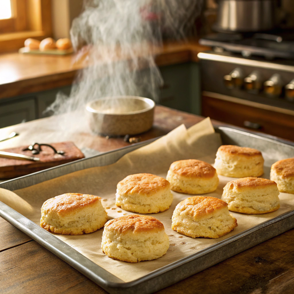 Freshly baked biscuits on a baking tray.