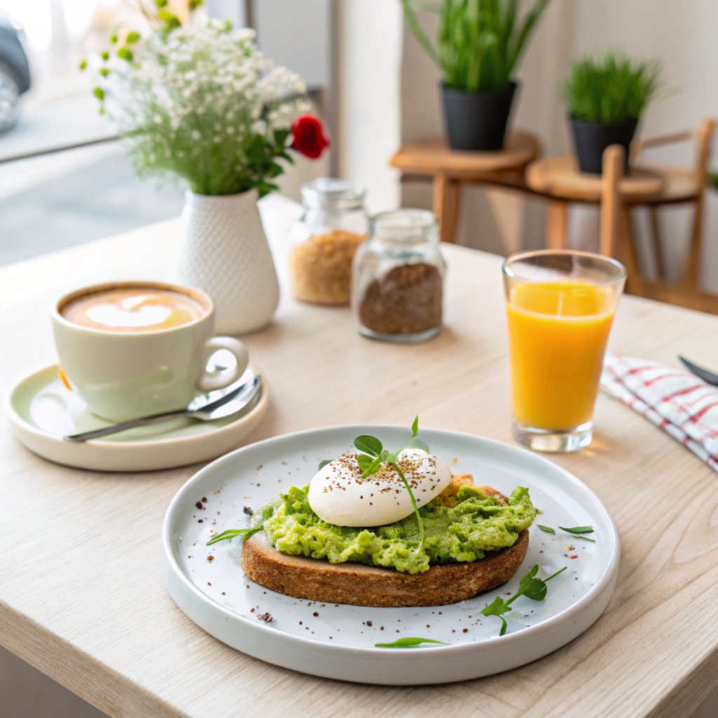 Avocado toast with poached egg served with coffee and juice at a trendy cafe