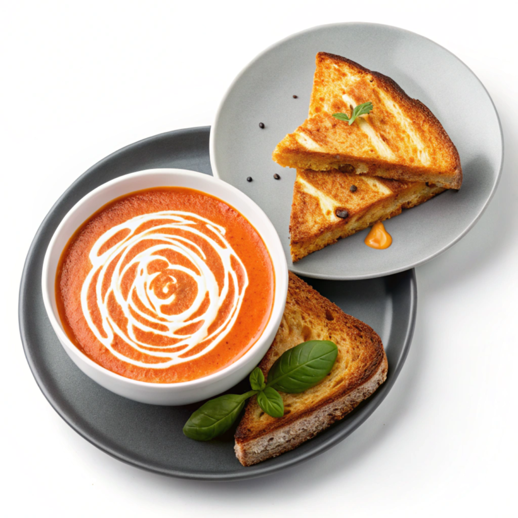 A vegan grilled cheese sandwich with tomato soup made from almond milk