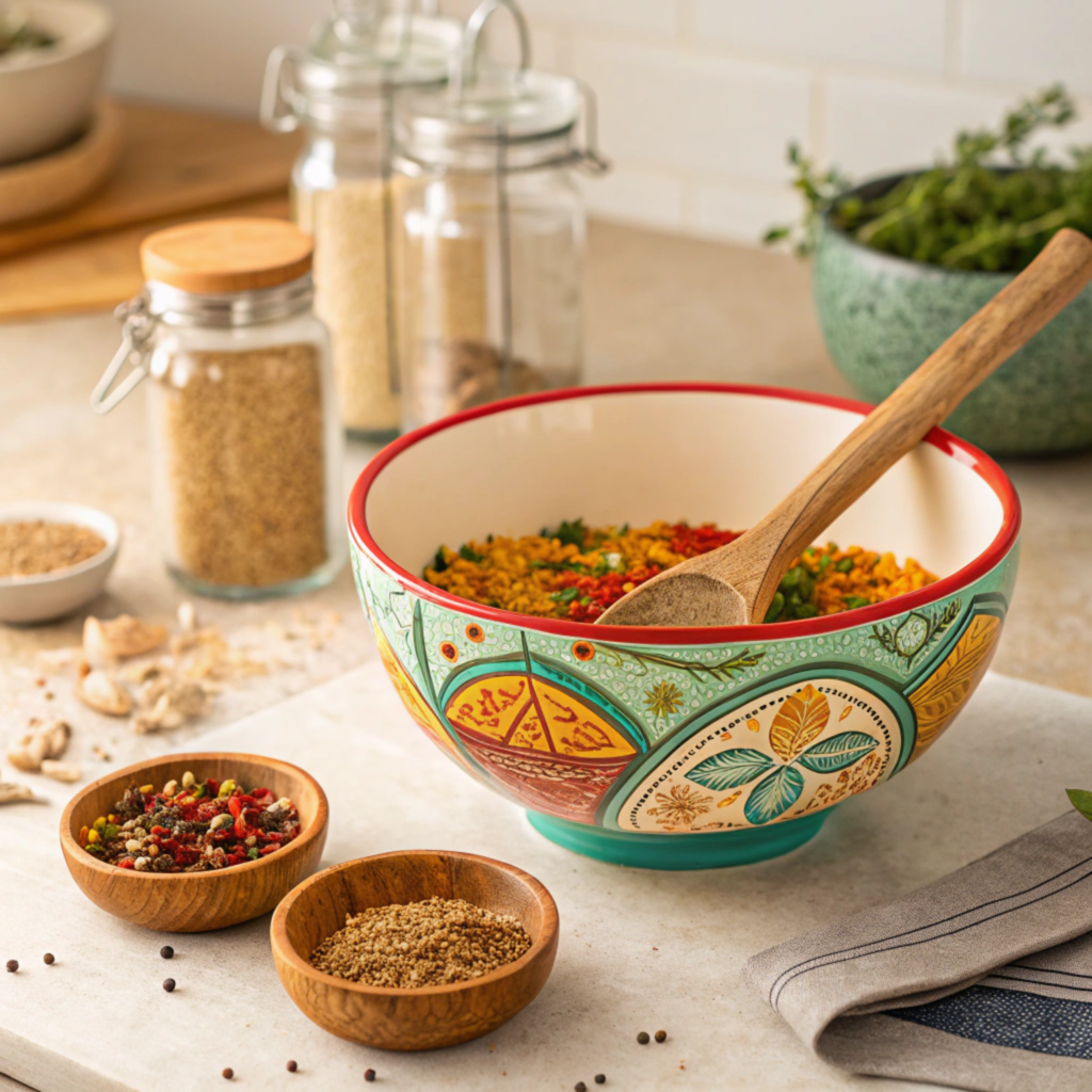 A mixing bowl with spices being combined for a homemade meatloaf seasoning mix