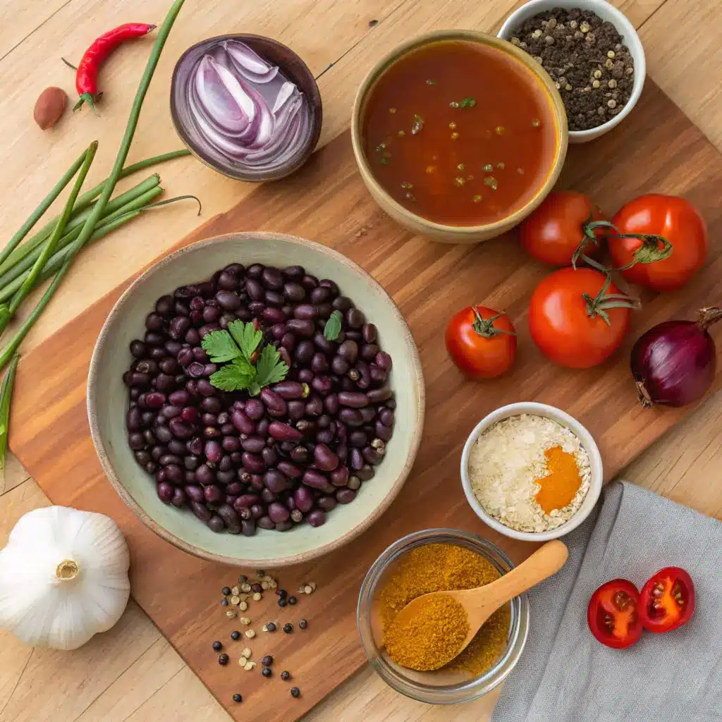 A flat-lay of purple black beans, onions, garlic, spices, and broth ingredients.