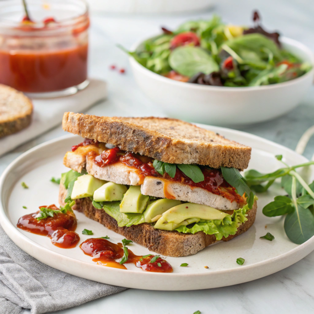 A healthier French Toast Breakfast Sandwich with avocado and turkey slices.