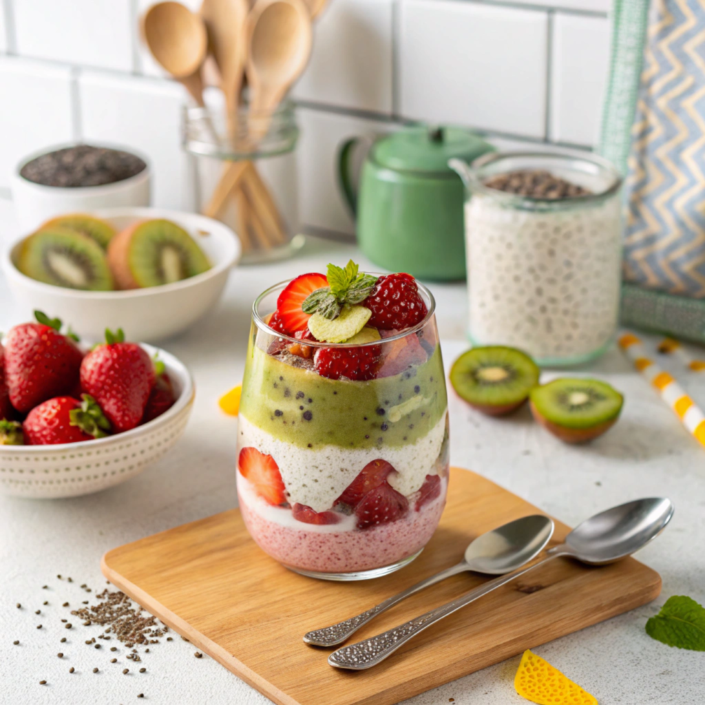 A chia pudding parfait with kiwi and strawberries.