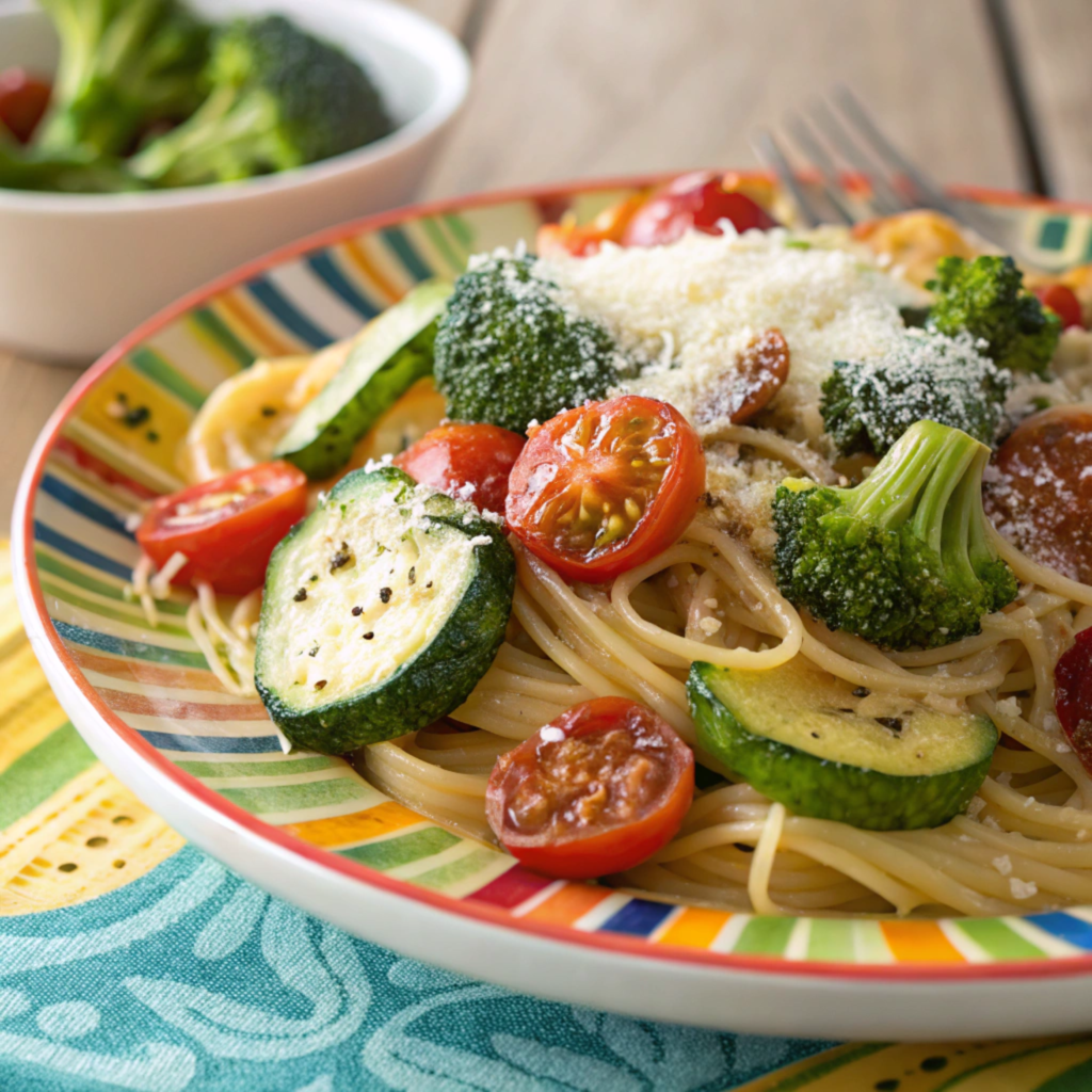 Variations of garlic parmesan chicken pasta with added vegetables