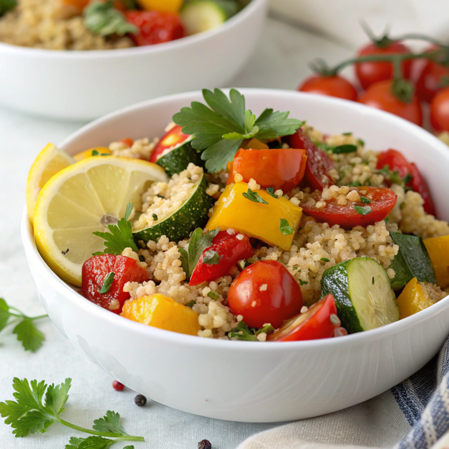 Bowl of quinoa salad with roasted vegetables.