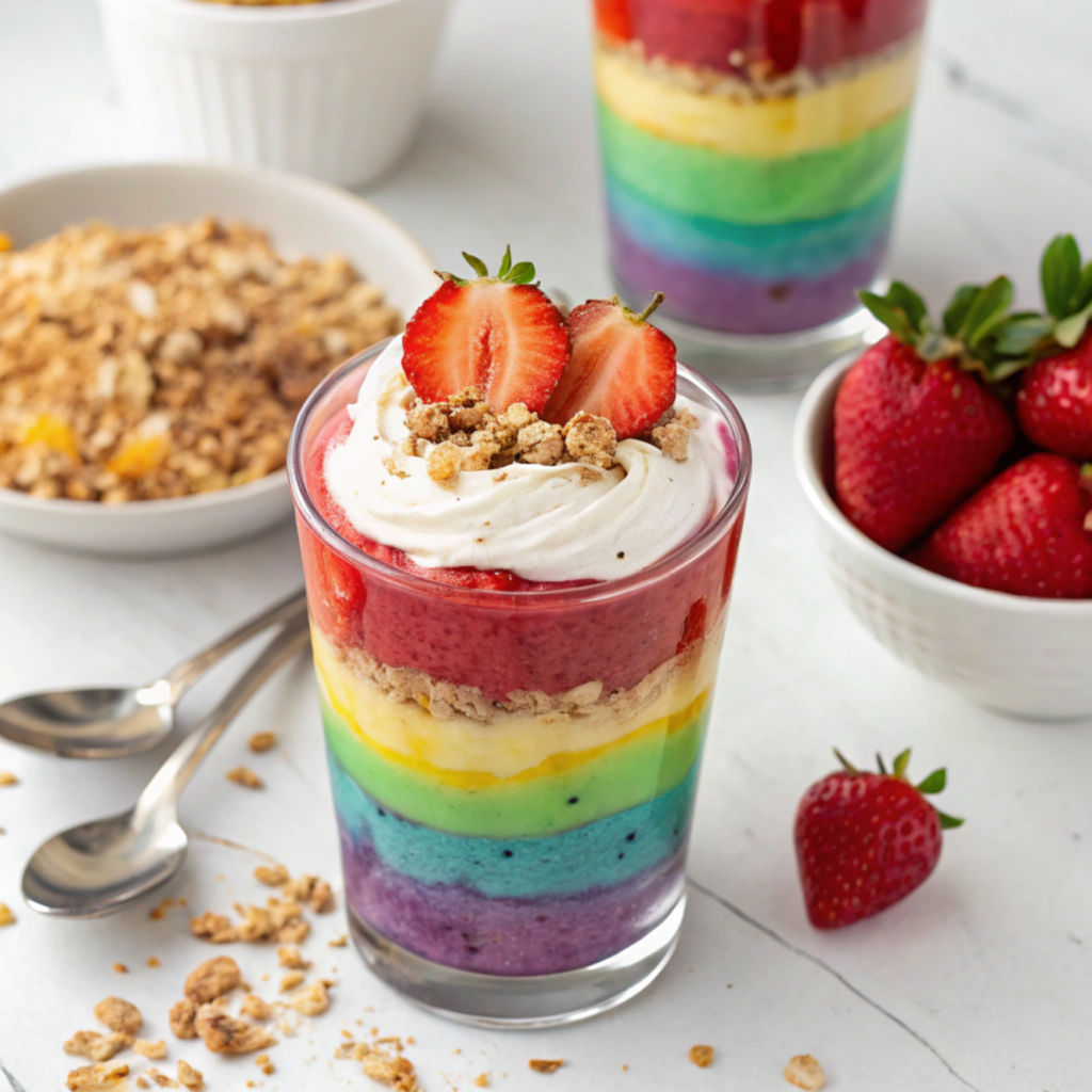 A vibrant rainbow strawberry yogurt parfait in a clear glass with layered colors.