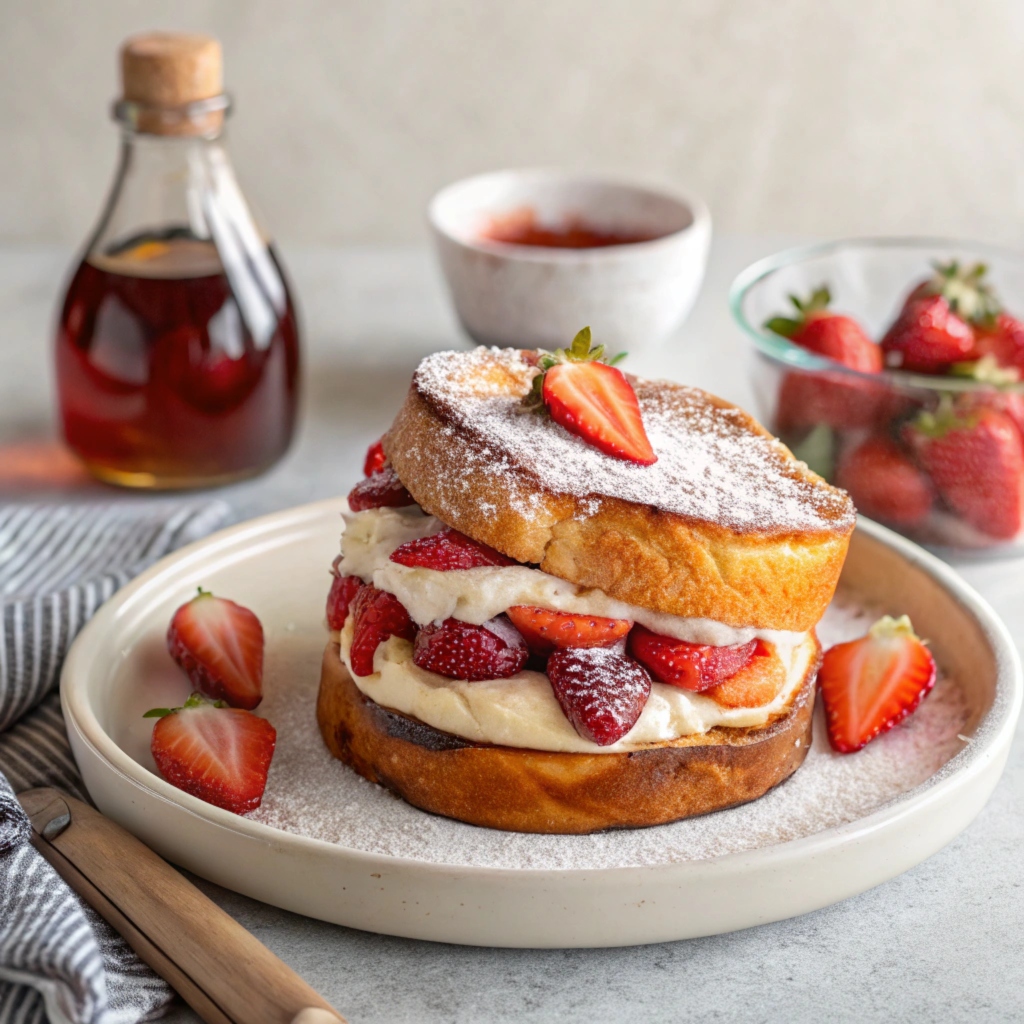 A French Toast Breakfast Sandwich with cream cheese and fresh strawberries.