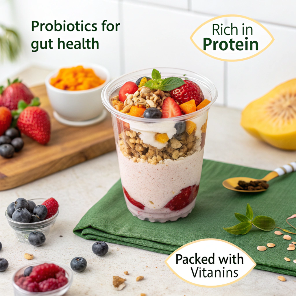 A yogurt parfait with labeled benefits like "Probiotics for Gut Health" and "High in Protein."