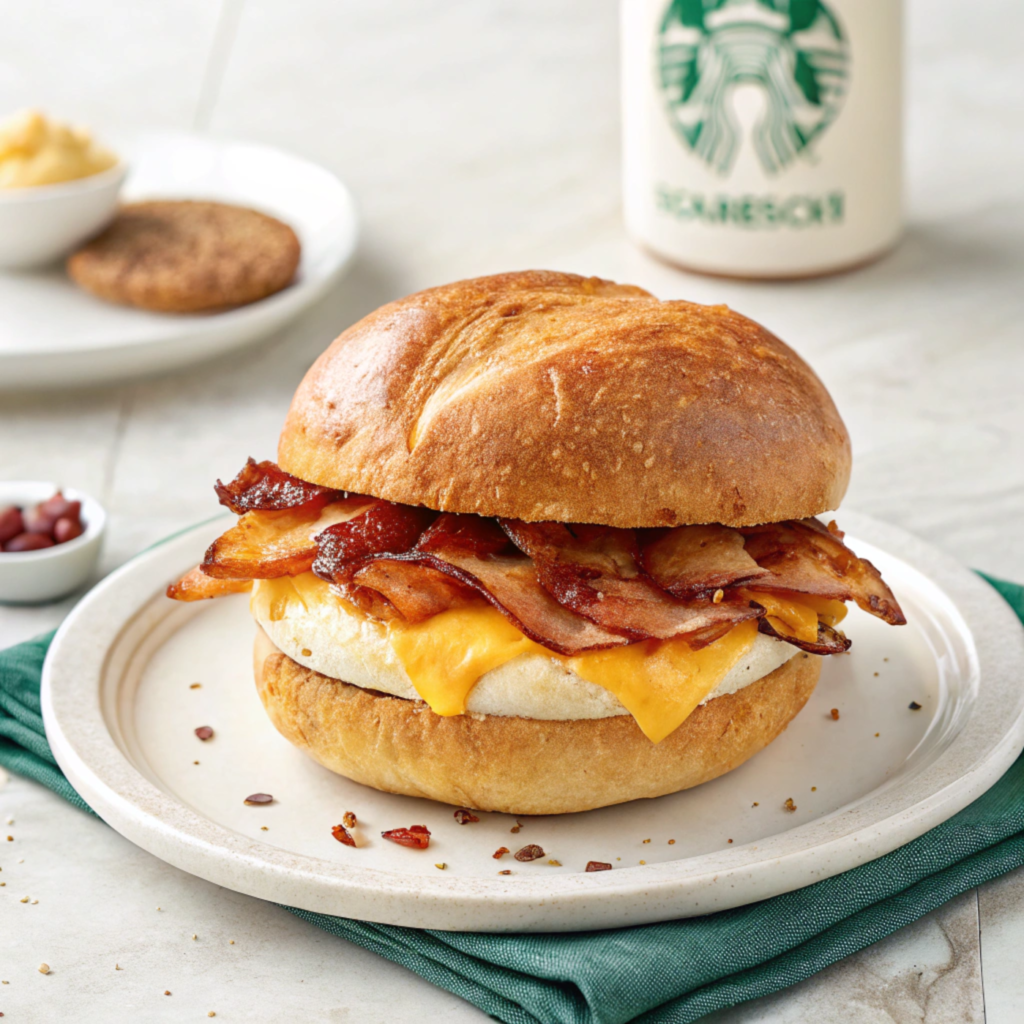 A Starbucks Bacon, Gouda & Egg Sandwich with coffee.