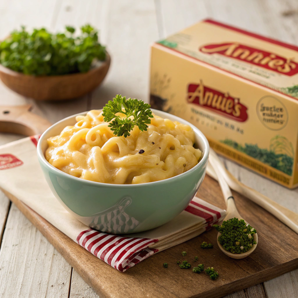 A box of Annie's Mac and Cheese next to a bowl of prepared mac and cheese.