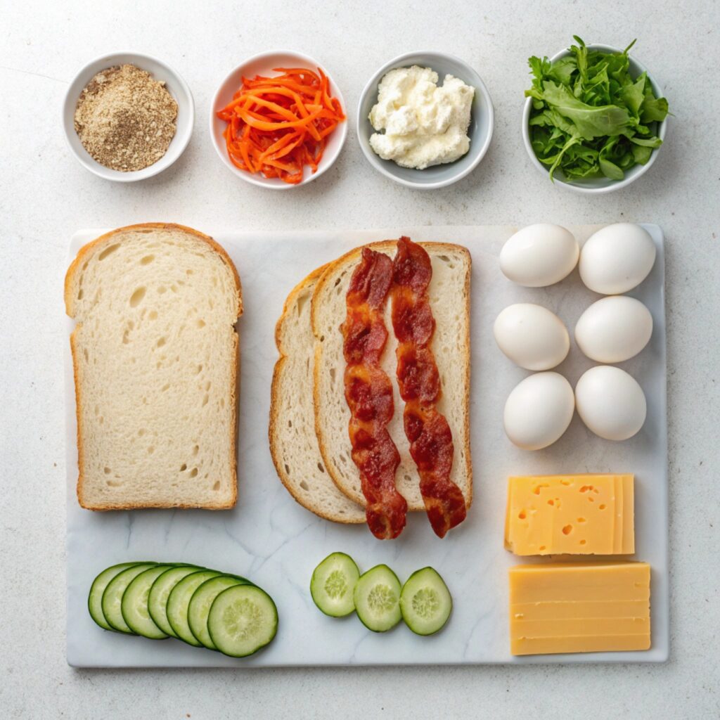 Ingredients for a sourdough breakfast sandwich laid out on a countertop.