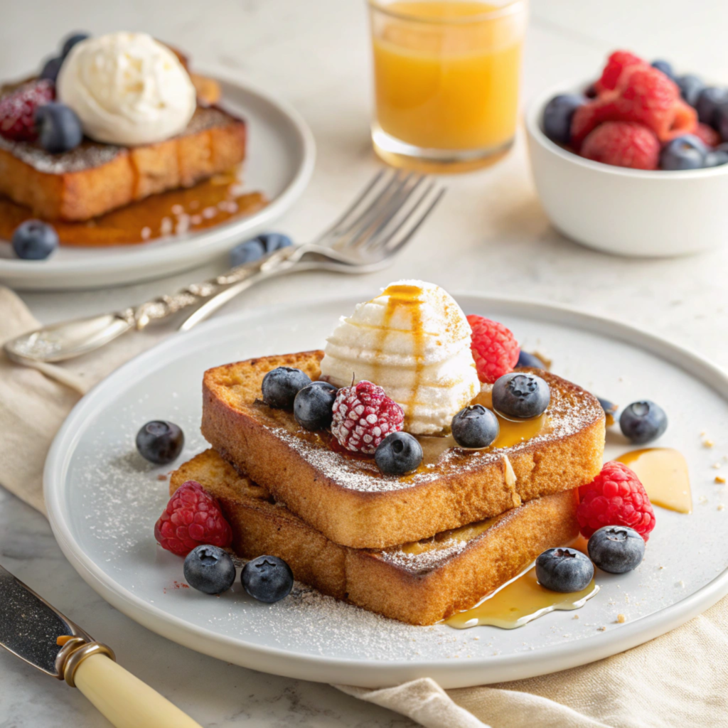 French toast with mixed fruit toppings and whipped cream on a white plate