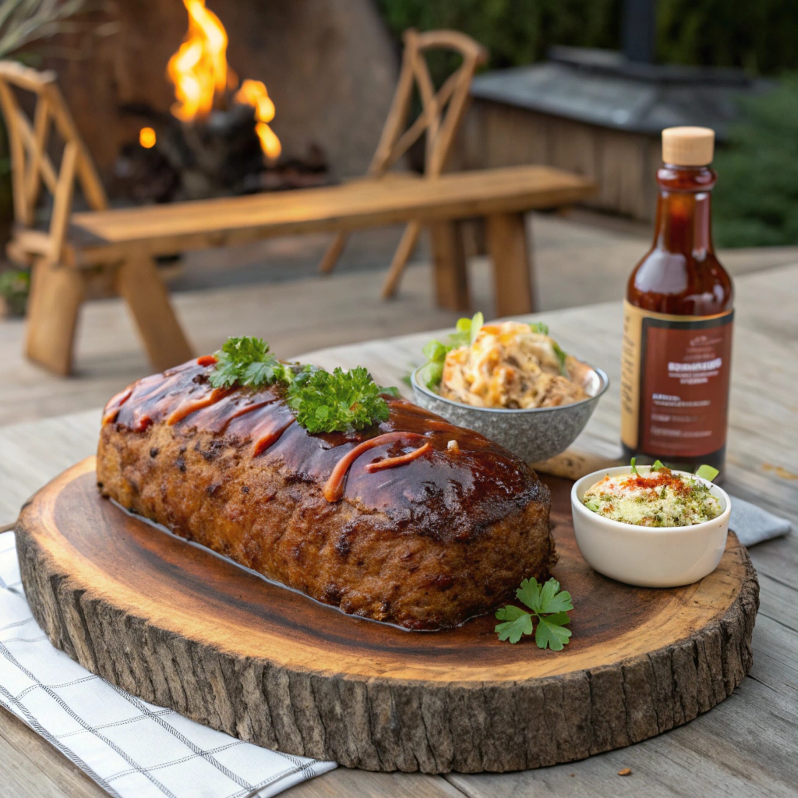 Smoked meatloaf served on a wooden platter with BBQ sauce and herbs.