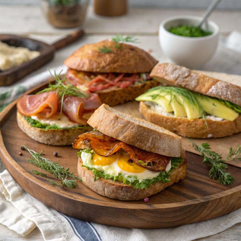 A variety of sourdough breakfast sandwiches on a wooden platter.