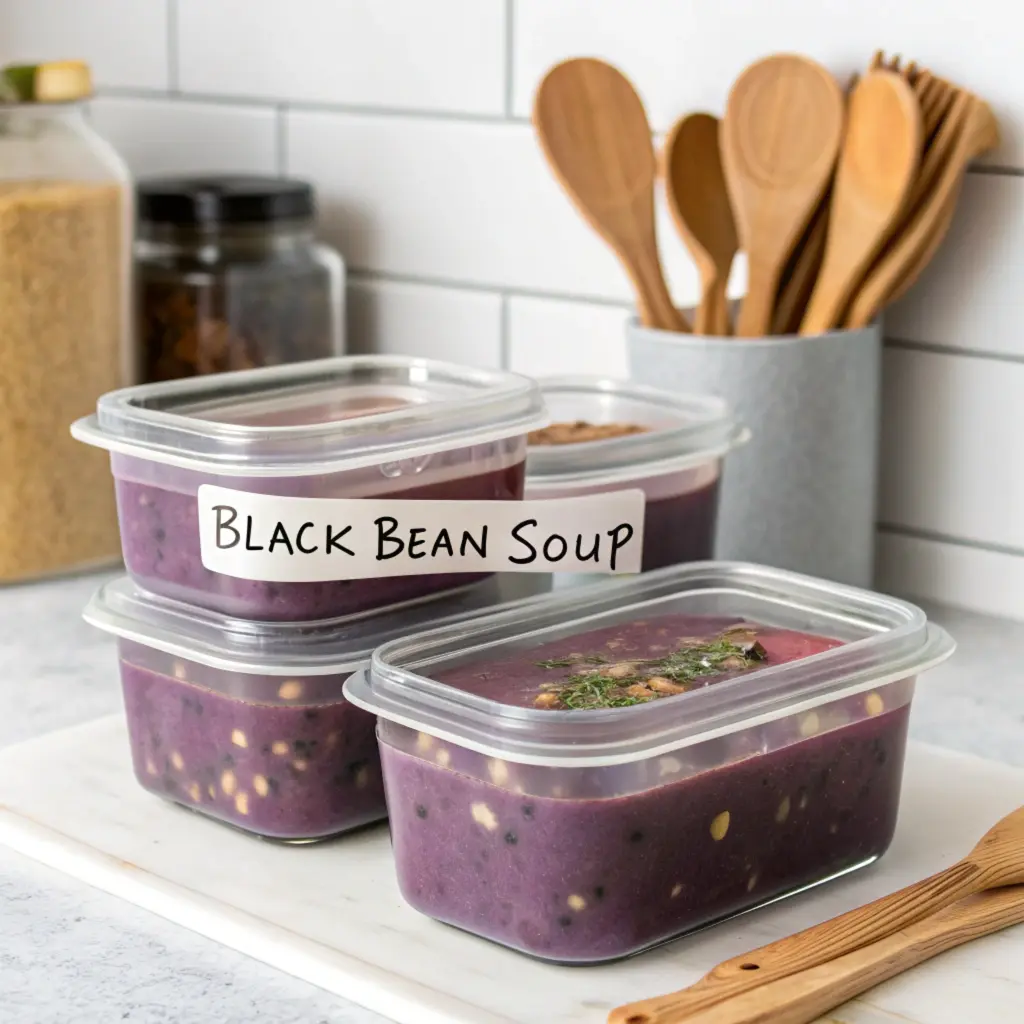 Purple black bean soup stored in airtight containers.