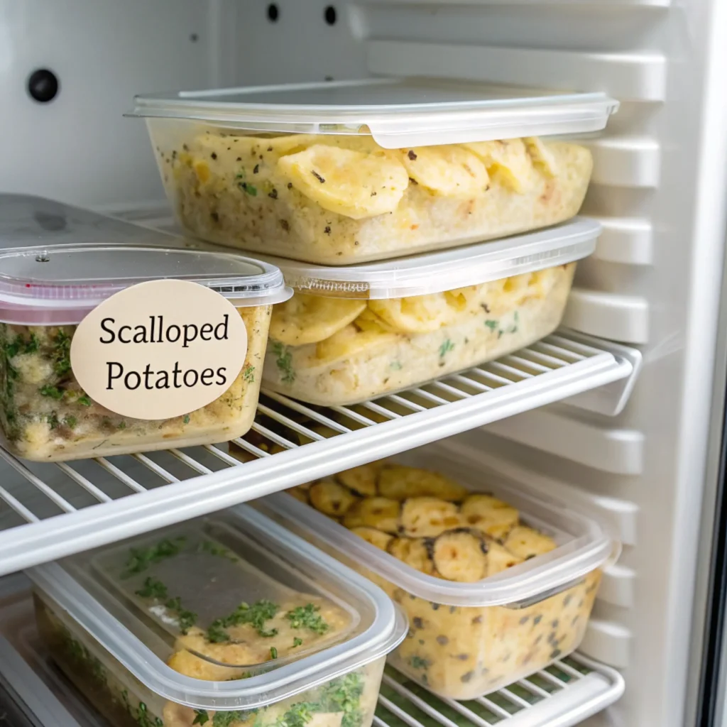 Leftover scalloped potatoes stored in a glass container.