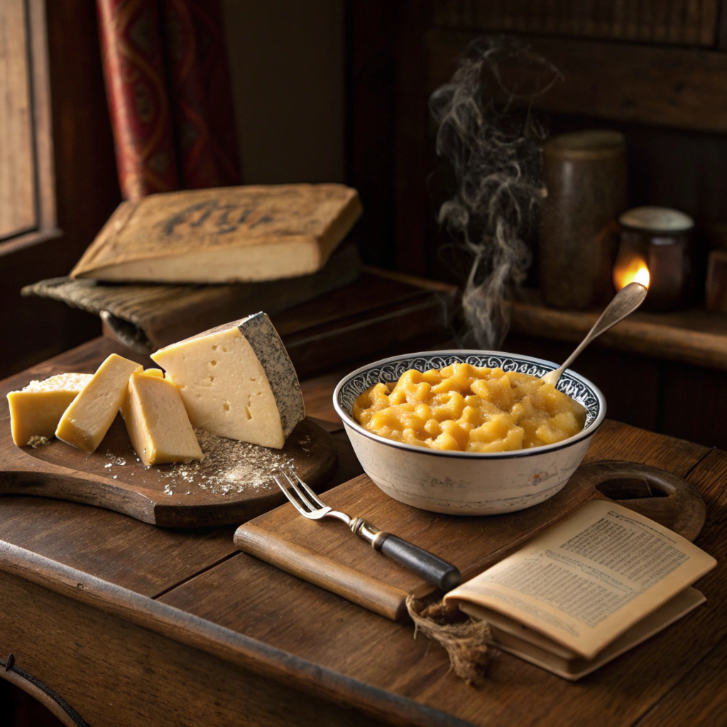 An antique-style table setting with a classic mac and cheese dish