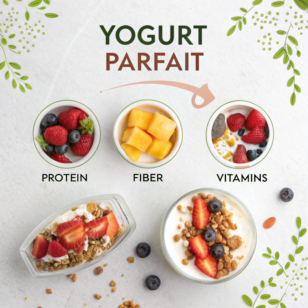  A detailed infographic showing the nutritional composition of a yogurt parfait.