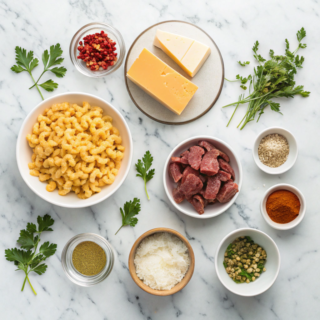 Ingredients for beef queso mac and cheese laid out on a kitchen counter.