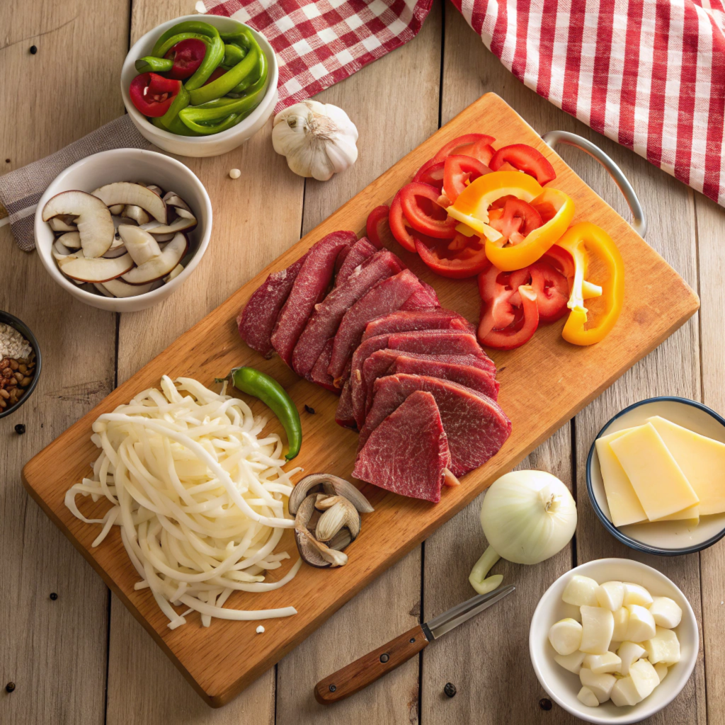 Fresh ingredients for a Philly cheesesteak bowl laid out on a table.