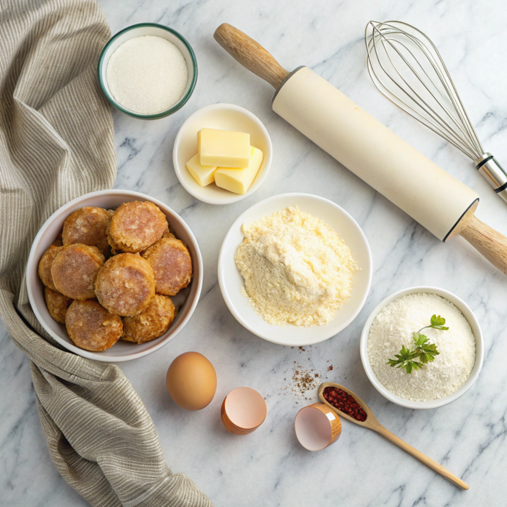 Raw ingredients for sausage gravy and biscuit pie laid out on a countertop.