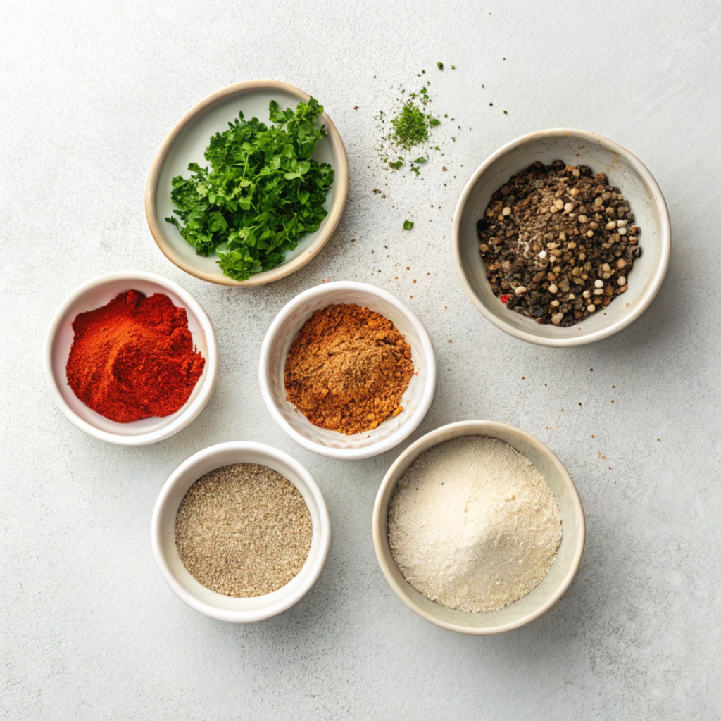 Various seasoning ingredients like garlic powder, paprika, and parsley in small bowls.