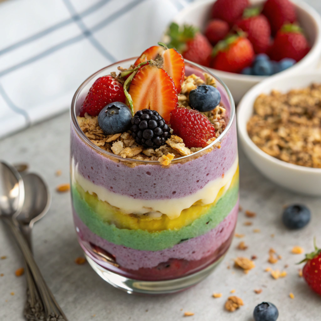 Close-up of the colorful layers of a rainbow parfait.