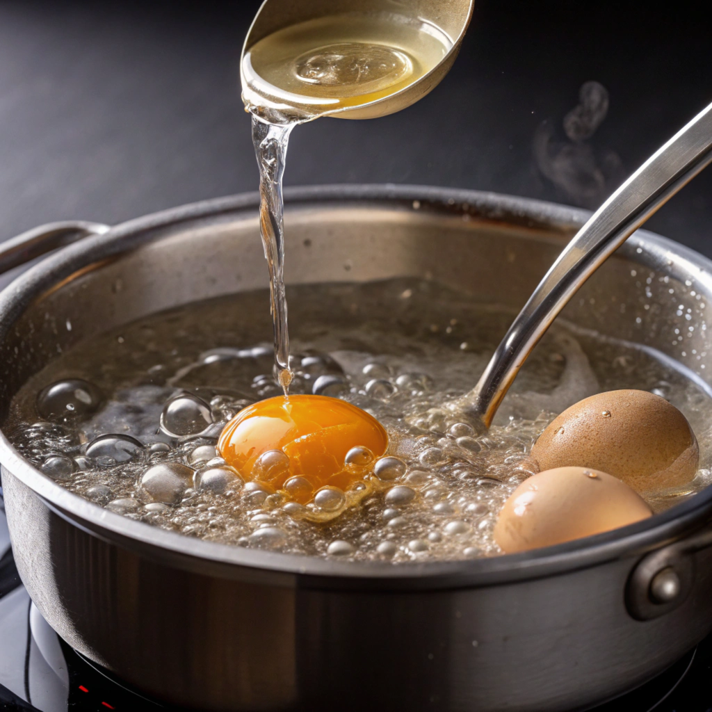 Process of poaching an egg in simmering water.