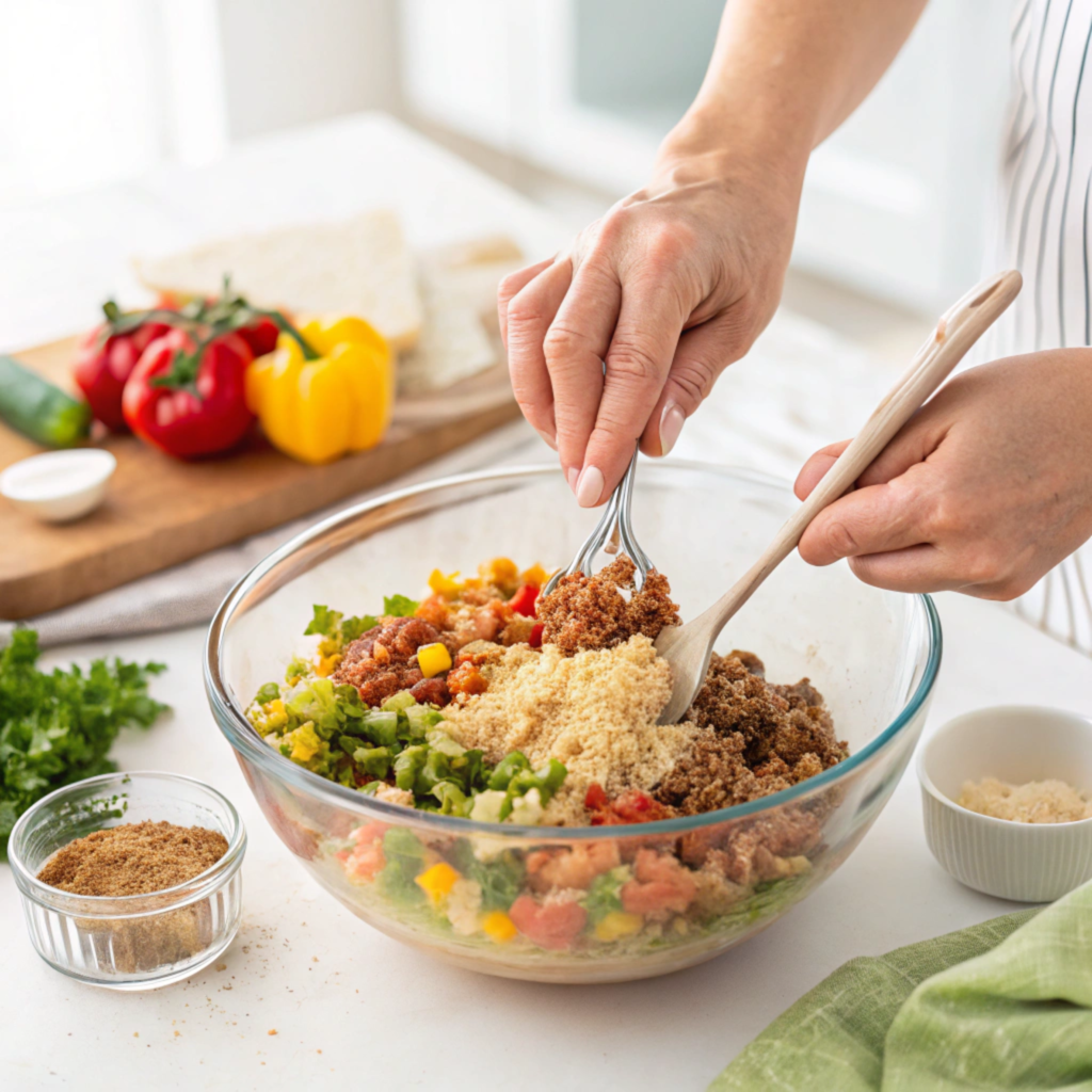 Hands mixing meatloaf ingredients in a large bowl.