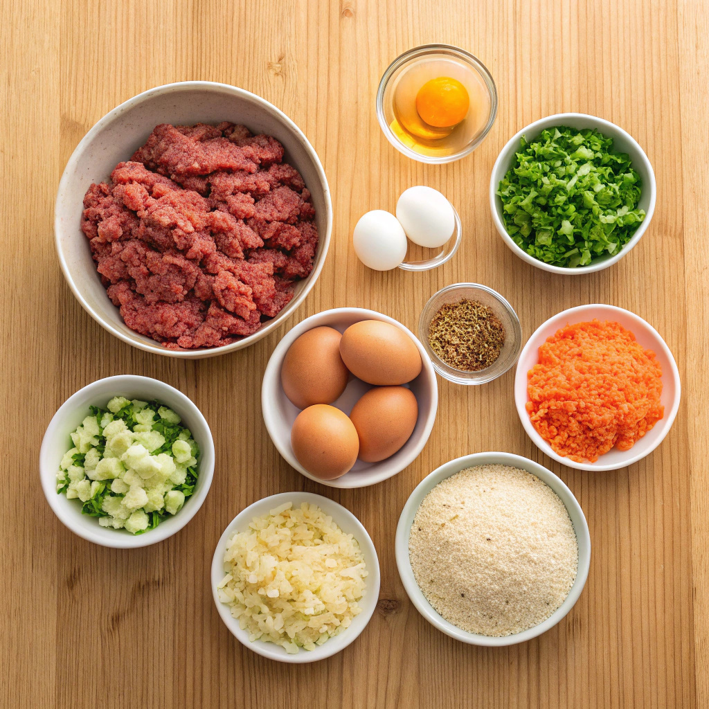 Gluten-free ingredients for making meatloaf, including ground beef, gluten-free breadcrumbs, eggs, and spices.