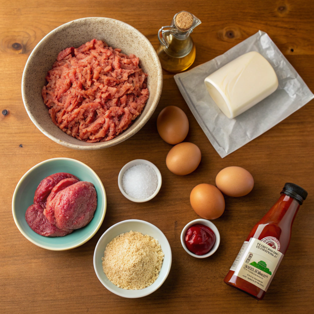 Ingredients for Lipton Onion Soup Meatloaf, including ground beef, onion soup mix, breadcrumbs, eggs, and ketchup