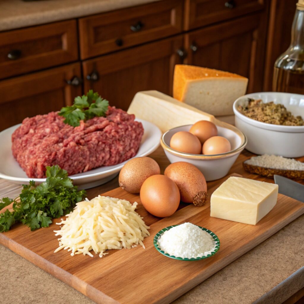 Ingredients for French onion meatloaf on a countertop.