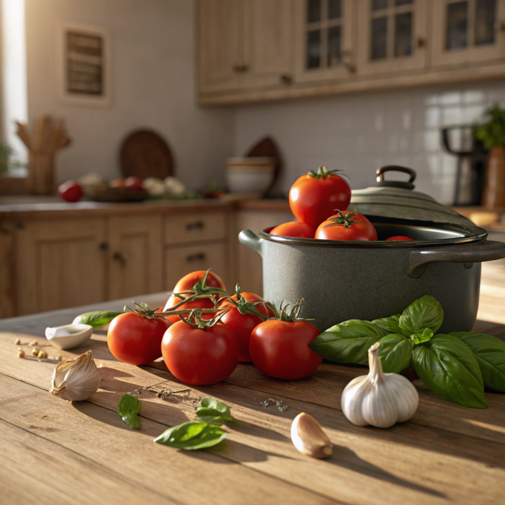 Ingredients for a homemade tomato soup, including fresh tomatoes, garlic, and basil