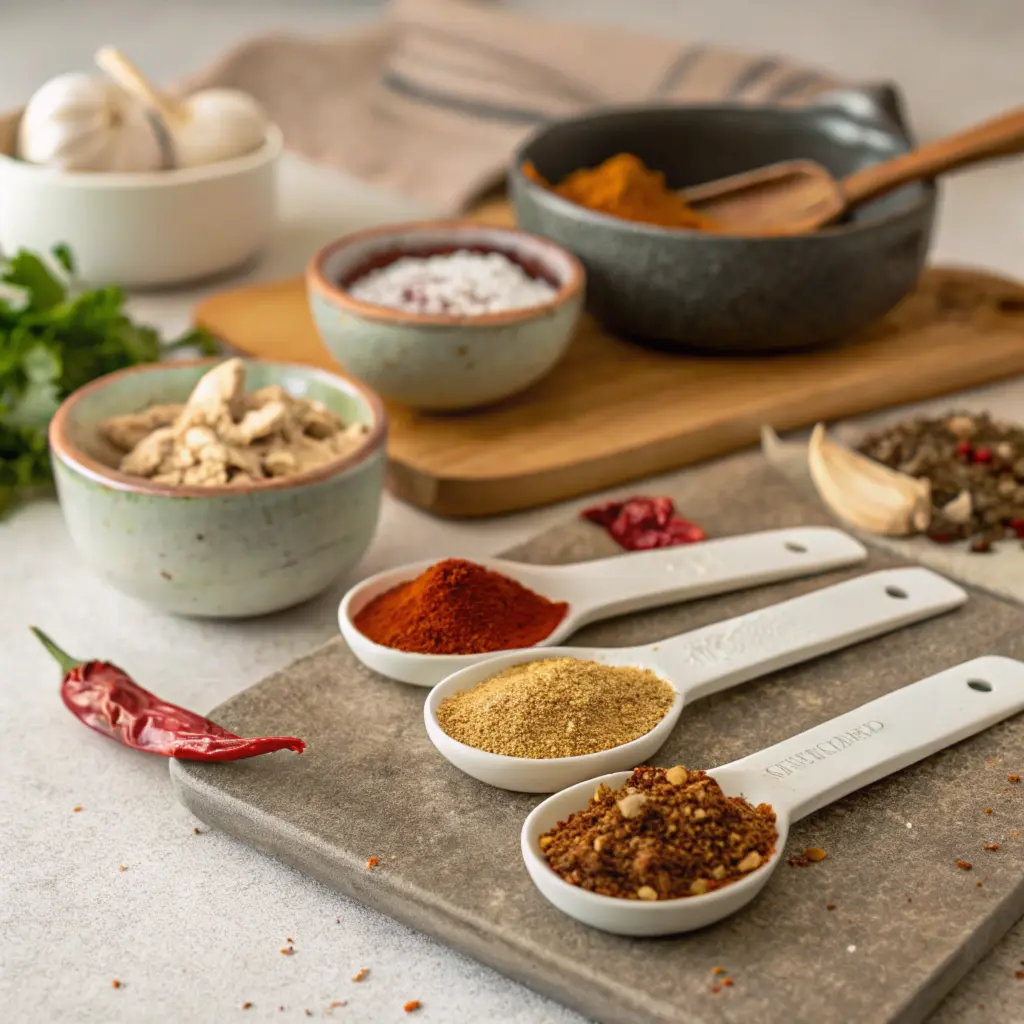 Measured spices for chicken taco seasoning.