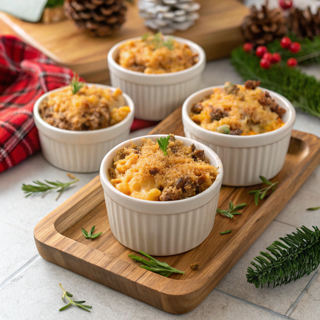 Beef queso mac and cheese served in individual ramekins.