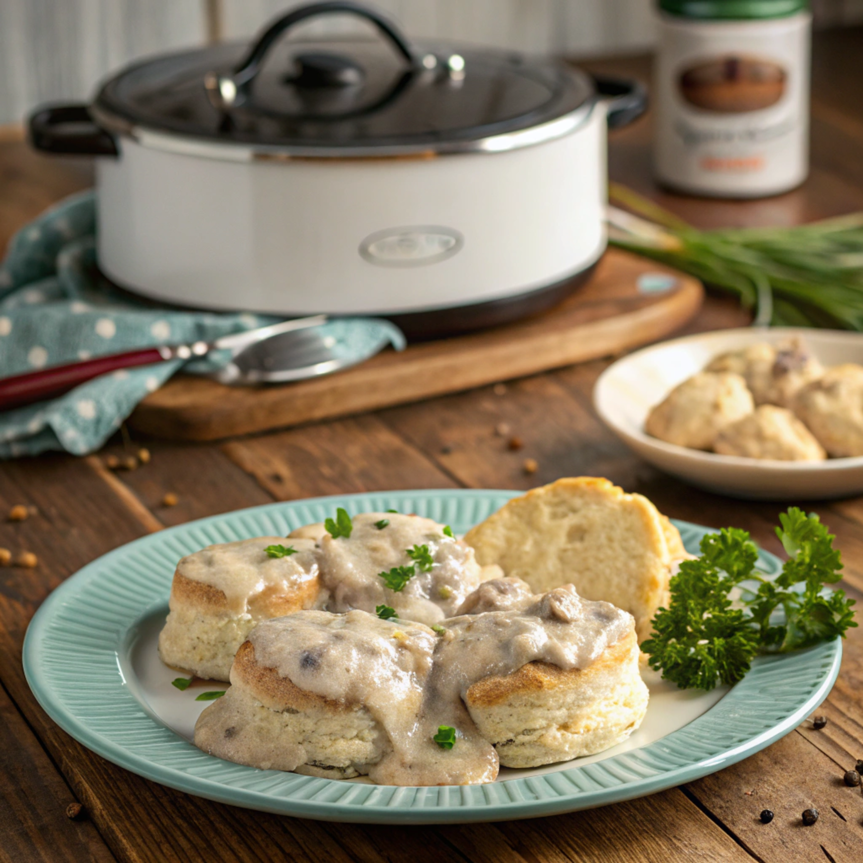 A hearty plate of biscuits and creamy sausage gravy served in a rustic kitchen setting.