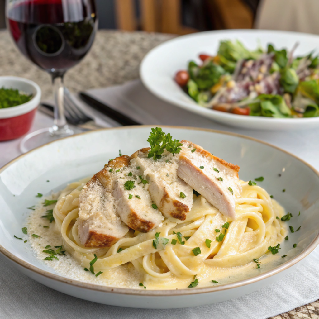 Garlic parmesan chicken pasta plated with garnishes