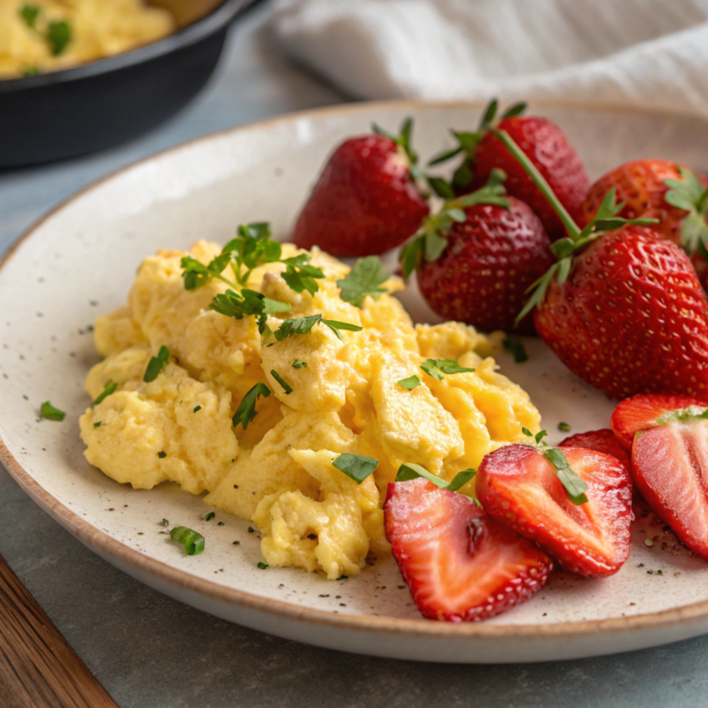 scrambled eggs with a side of strawberries