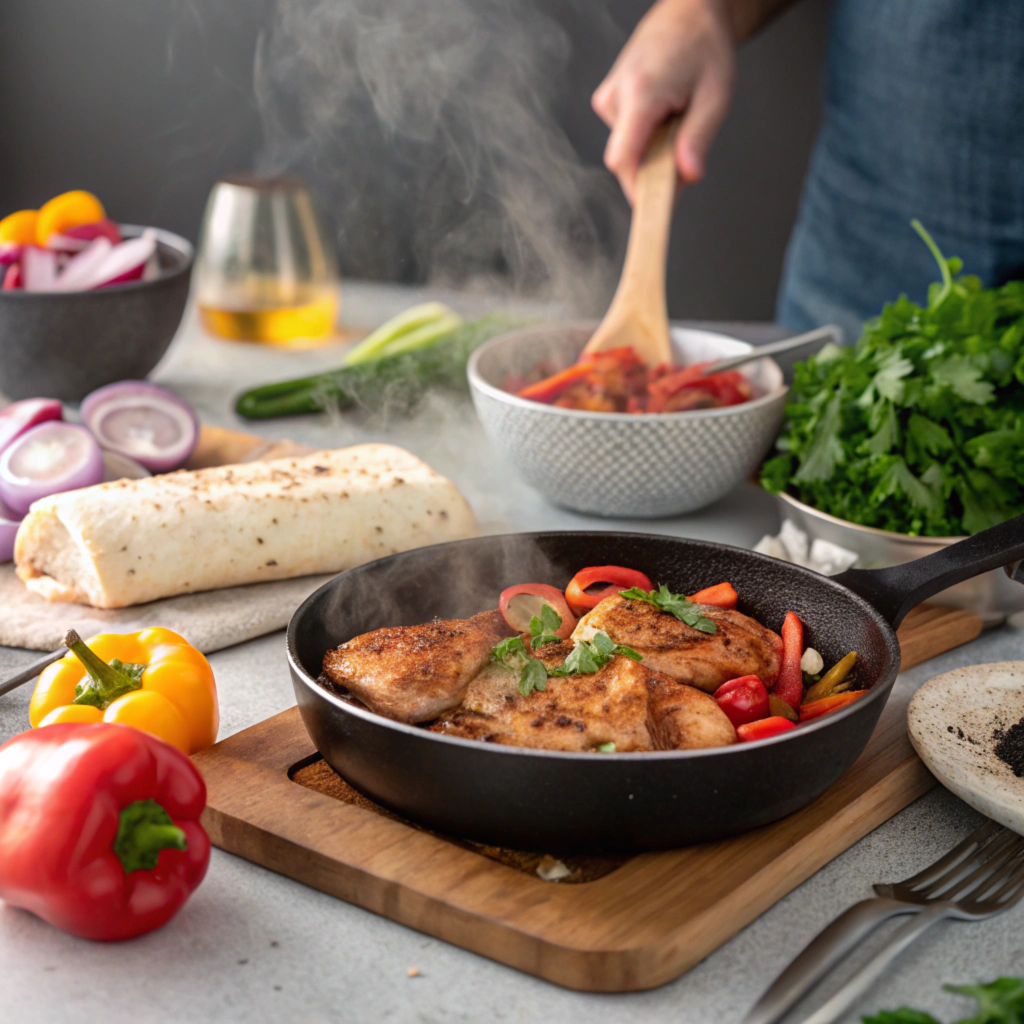 Chicken being cooked in a skillet with seasoning.