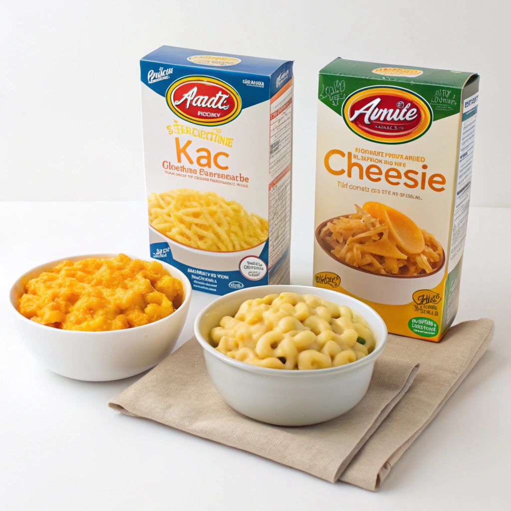 Side-by-side comparison of Annie’s, Kraft, and Velveeta mac and cheese boxes.