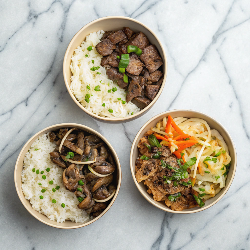 Three variations of Philly cheesesteak bowls: classic, keto, and vegetarian.