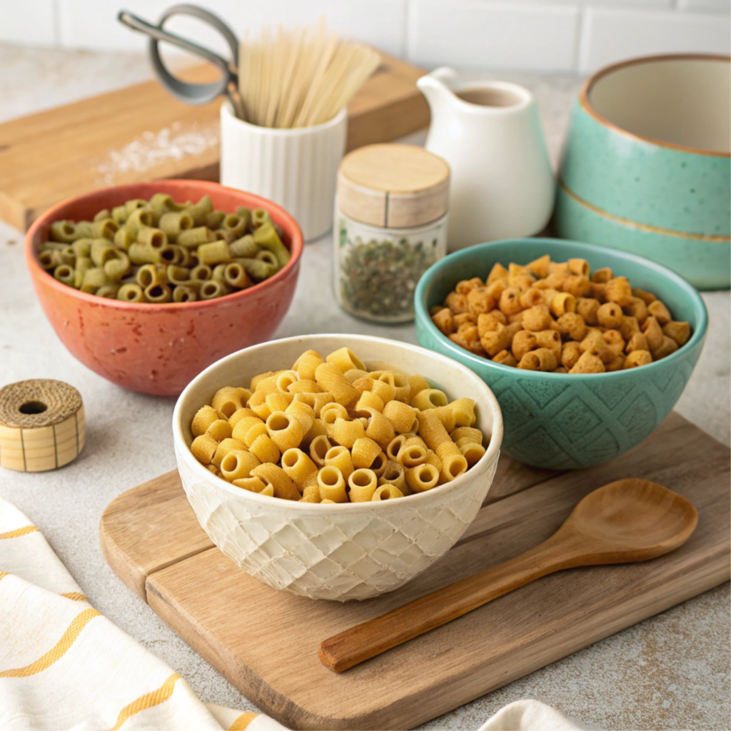 A variety of gluten-free and whole-wheat ditalini pasta displayed in bowls.