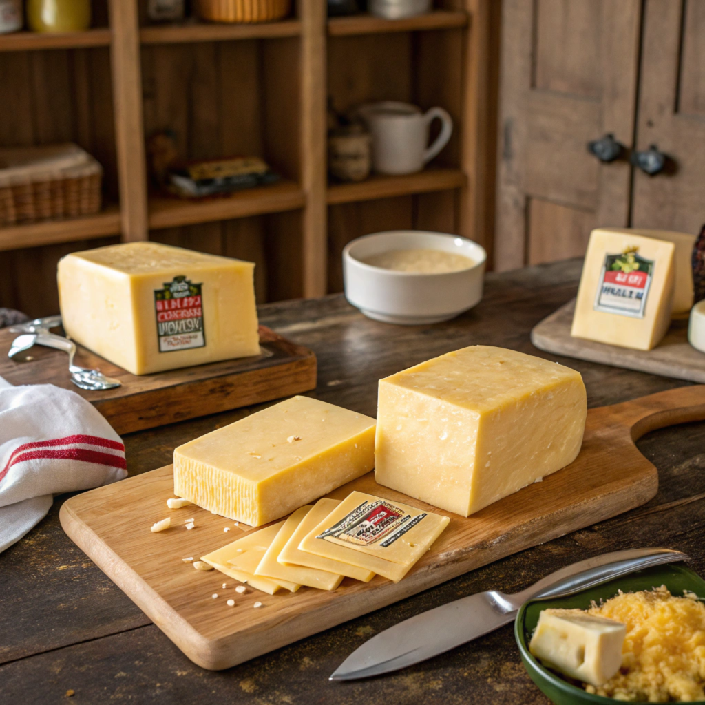 Blocks of Cabot cheddar cheese on a wooden board.